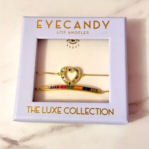 *NEW* Eye Candy Rainbow Heart Gold Tone 2 Bracelet Set Jeweled Slider Bracelets